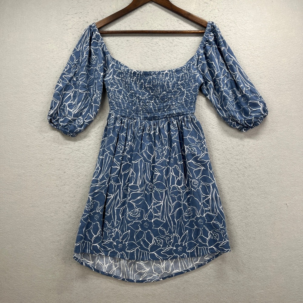 Roxy Dress Women Small Blue Floral Smock Tie Back Puff Sleeve Mini Boho Coastal